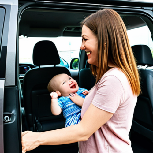 Home 11 **Image Prompt:** Interior of a Toyota Sienna minivan. A mother smiles as she effortlessly slides open the automatic sliding door with one hand, while holding a baby in the other arm. The scene is a slightly cramped parking lot, highlighting the convenience of the sliding door in tight spaces.