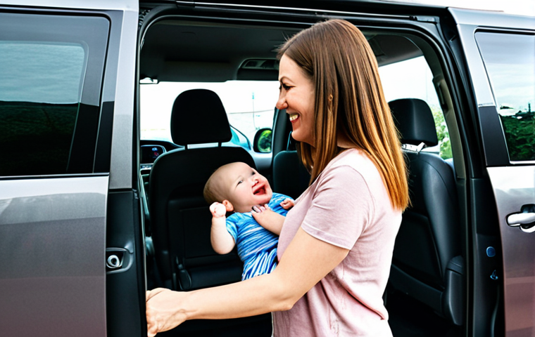 **Image Prompt:** Interior of a Toyota Sienna minivan. A mother smiles as she effortlessly slides open the automatic sliding door with one hand, while holding a baby in the other arm. The scene is a slightly cramped parking lot, highlighting the convenience of the sliding door in tight spaces.