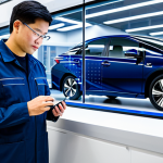 A professional automotive engineer in a modest, dark blue technical uniform, standing confidently in a state-of-the-art research laboratory. He is looking at a transparent schematic display of a Toyota Mirai hydrogen fuel cell stack, emphasizing its intricate, safe design. The lab features sleek, metallic surfaces and soft, ambient lighting, with advanced diagnostic equipment in the background. The engineer is fully clothed, appropriate attire, safe for work, professional, perfect anatomy, correct proportions, natural pose, well-formed hands, proper finger count, natural body proportions, high-quality, professional photography.