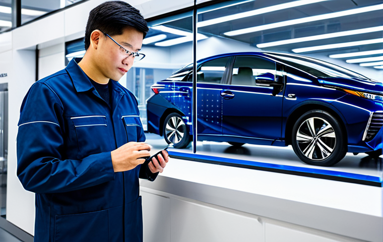 A professional automotive engineer in a modest, dark blue technical uniform, standing confidently in a state-of-the-art research laboratory. He is looking at a transparent schematic display of a Toyota Mirai hydrogen fuel cell stack, emphasizing its intricate, safe design. The lab features sleek, metallic surfaces and soft, ambient lighting, with advanced diagnostic equipment in the background. The engineer is fully clothed, appropriate attire, safe for work, professional, perfect anatomy, correct proportions, natural pose, well-formed hands, proper finger count, natural body proportions, high-quality, professional photography.